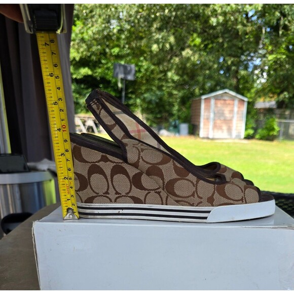 Coach Signature Open Toe Heels Sling Wedge Sydney Sandals Brown Pre-Owned 10M - Picture 4 of 5